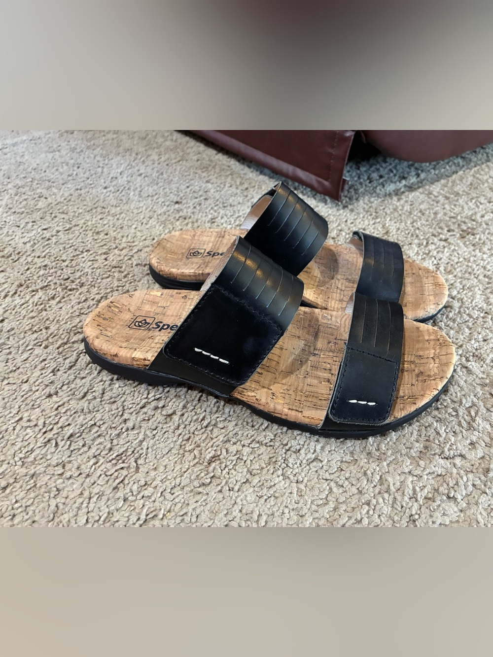 Spenco Layla Slide Sandal Comfort Cork Insole Leather Upper Black Women's 6.5B